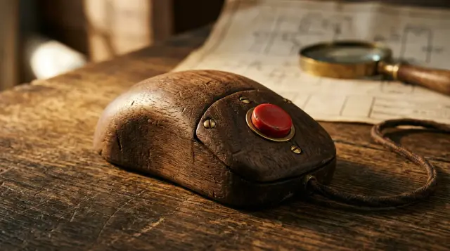 Vintage wooden computer mouse prototype on oak desk with warm nostalgic lighting