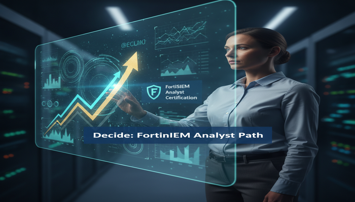 Decide: Fortinet FortiSIEM Analyst Path Cybersecurity professional contemplating a holographic display in a high-tech SOC, which highlights the Fortinet FortiSIEM Analyst certification as a clear career growth path. The display shows network security graphs and data streams, with the text 'Decide: Fortinet FortiSIEM Analyst Path' prominently featured.