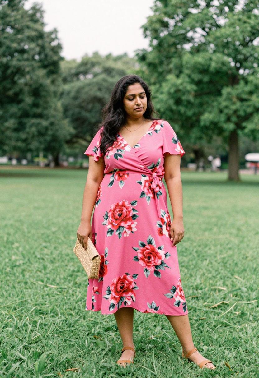 Plus size woman in bold fuchsia floral wrap midi dress in a sunny park setting