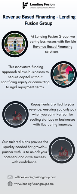 At Lending Fusion Group, we certify businesses with flexible Revenue Based Financing solutions. This innovative funding approach allows businesses to secure capital without sacrificing equity or committing to rigid repayment terms. Repayments are tied to your revenue, ensuring you only pay when you earn. Perfect for scaling startups or businesses with fluctuating incomes, our tailored plans provide the liquidity needed for growth—partner with us to unlock your potential and drive success with confidence.