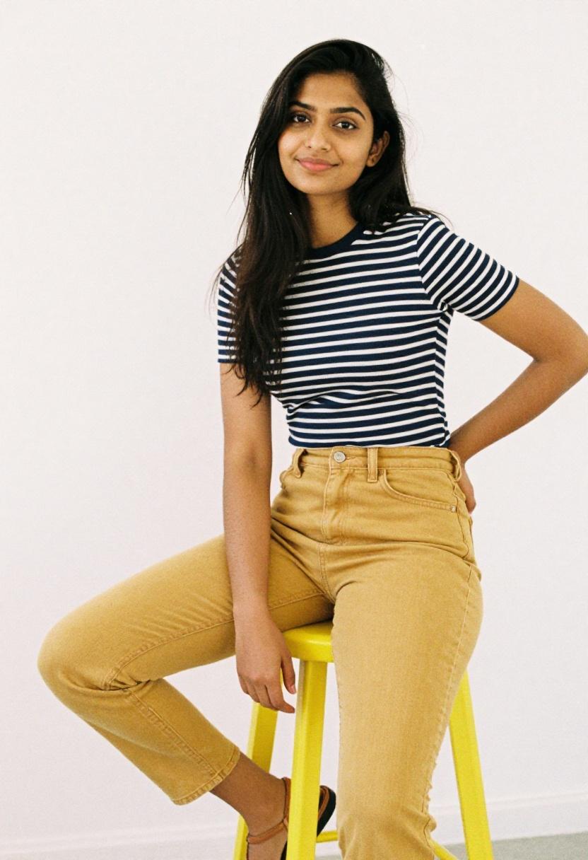 Mustard yellow straight leg jeans with a navy striped top for cheerful Casual Friday
