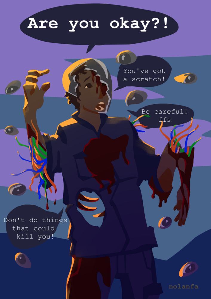 a picture of Murderbot in flat colours. Murderbot is saying 