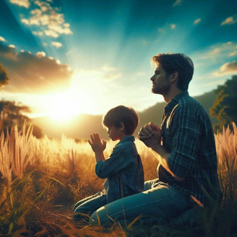 Two people kneel in tall grass at sunset, praying or meditating under a glowing sky.