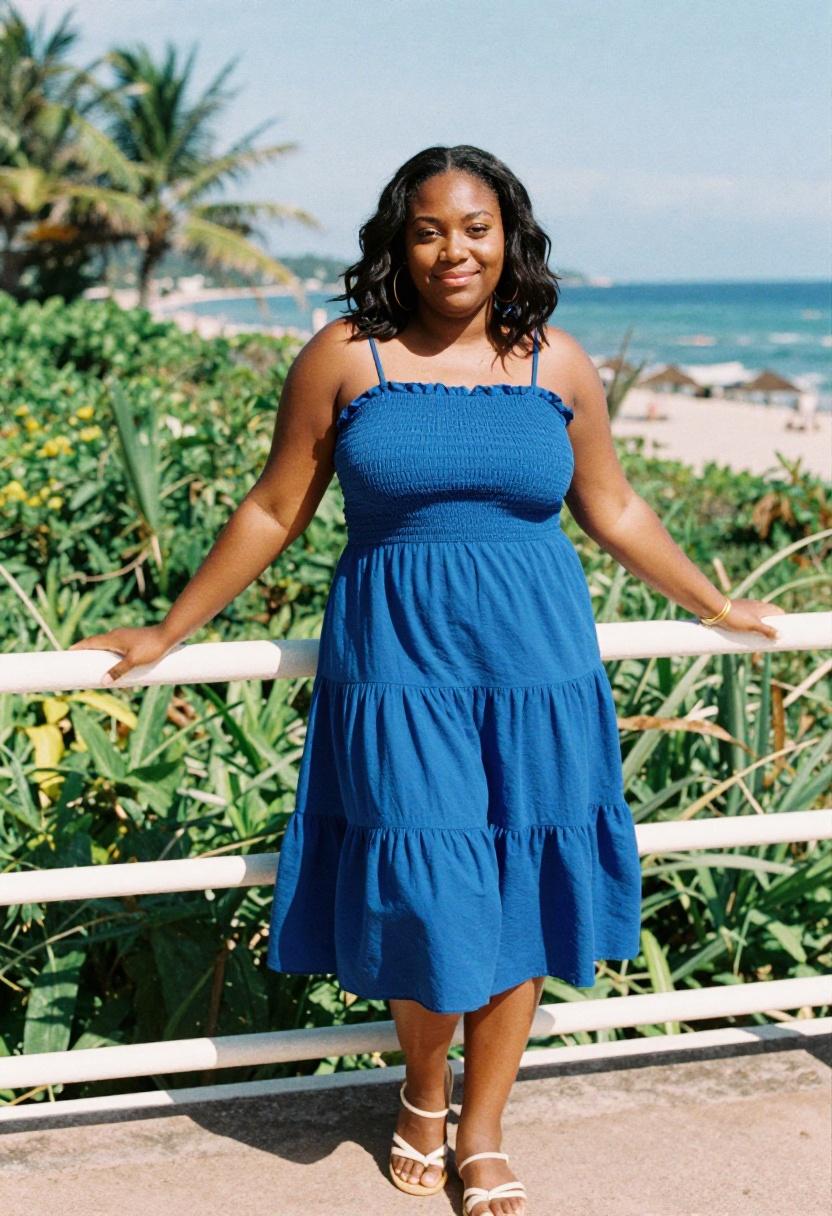 Plus size woman in cobalt-blue smocked wrap dress on a sun-drenched terrace