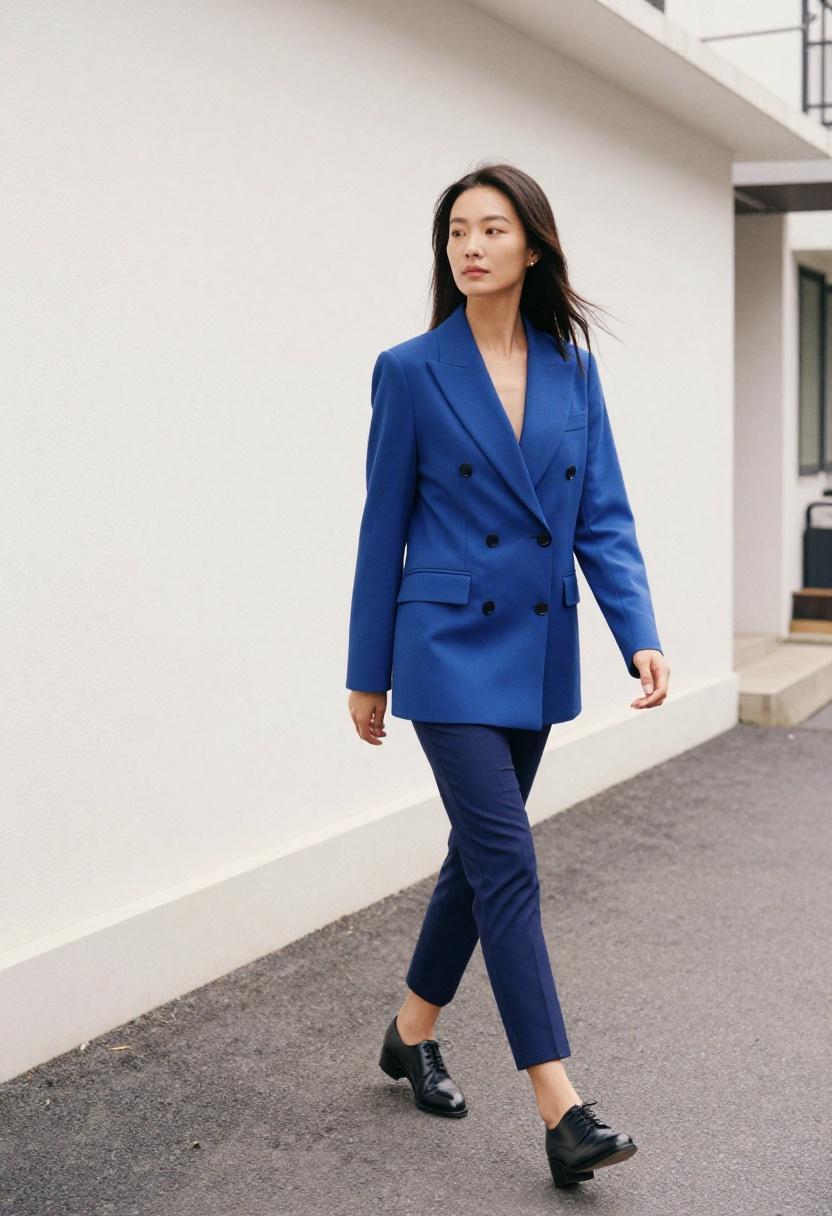 Electric blue double-breasted blazer with cropped camel trousers and black Oxfords against white architectural backdrop