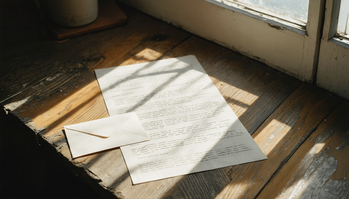 A single sheet of paper left open on a bare wooden kitchen table beside an unsealed envelope, morning light falling across the grain.