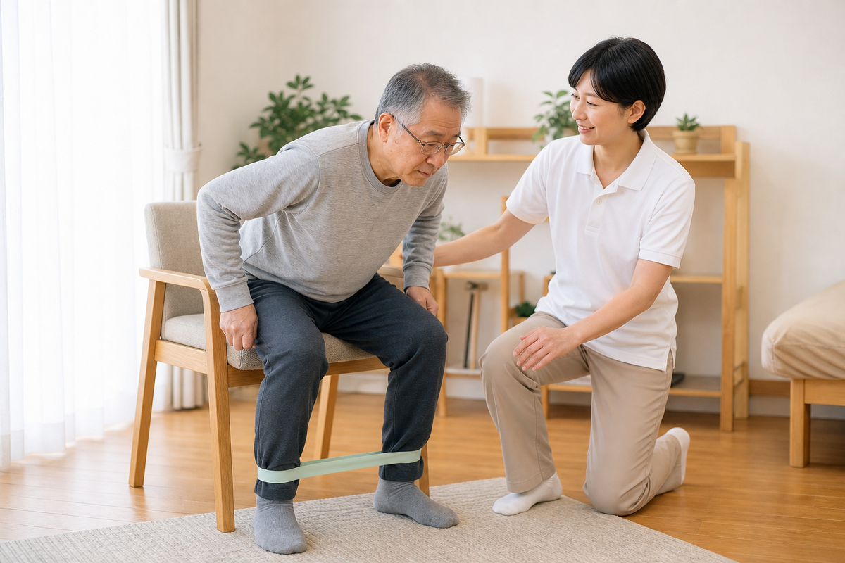 椅子や軽い負荷を使った筋力トレーニング場面