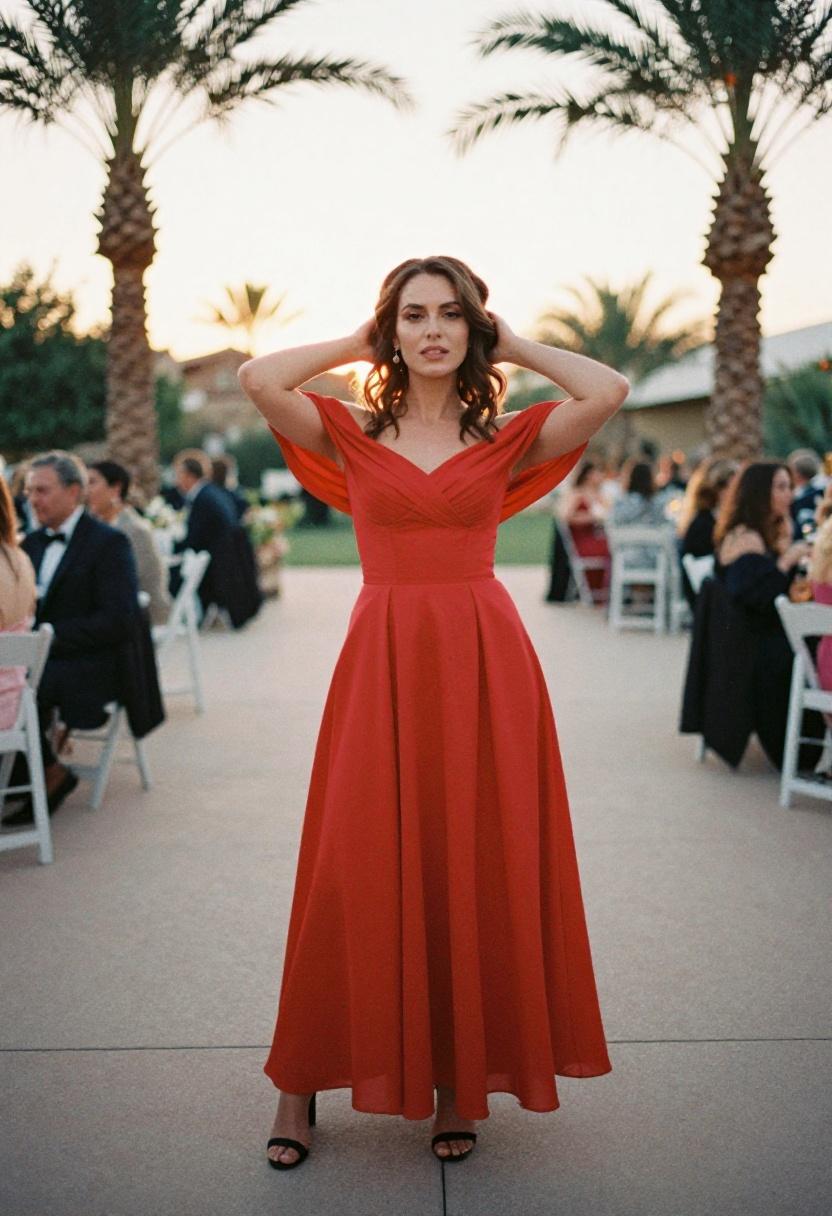 Woman in scarlet red corseted midi gown at a palm-lined outdoor wedding patio at dusk