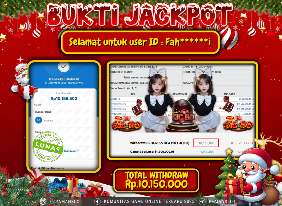 PAMANSLOT JACKPOT Game Live Games PP-Indonesian Mega SicBo Rp.10,150,000- LUNAS