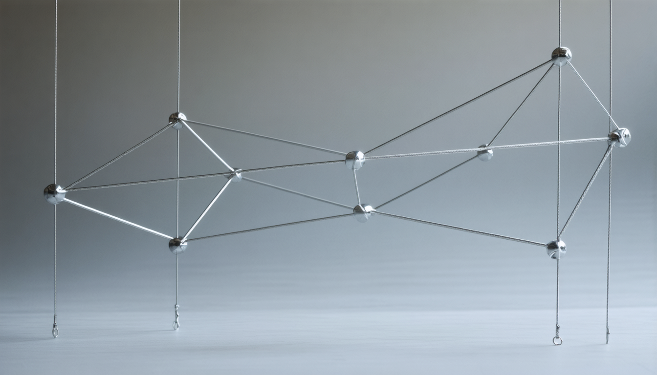 An intricate wire and cable tensegrity sculpture suspended in space, compression members floating within a web of tension cables