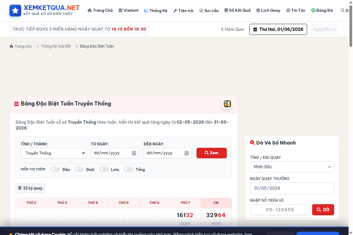 Hướng dẫn cách xem và sử dụng Bảng đặc biệt tuần trên Xemketqua.net