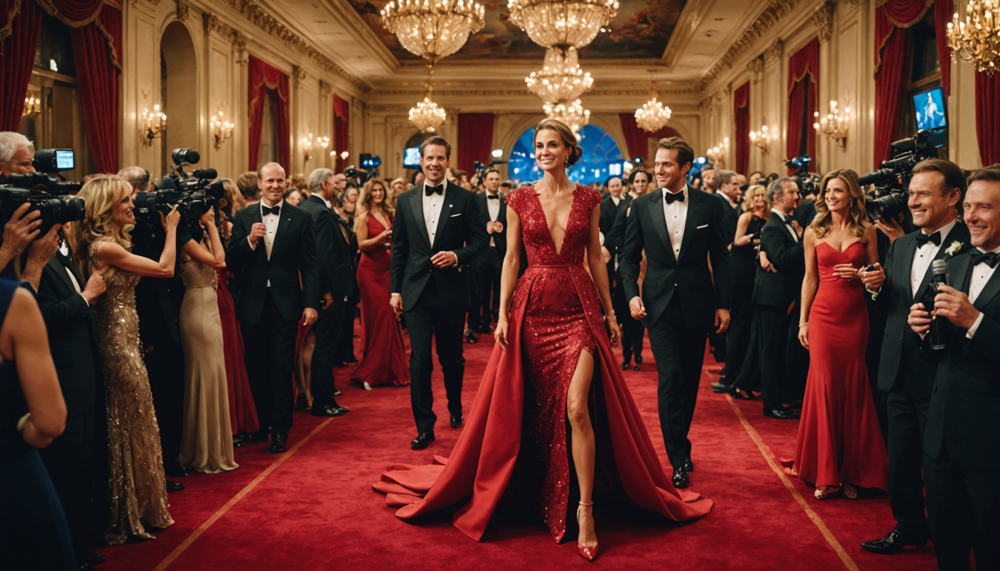 A charismatic artist on red carpet, flashing cameras, elegant attire