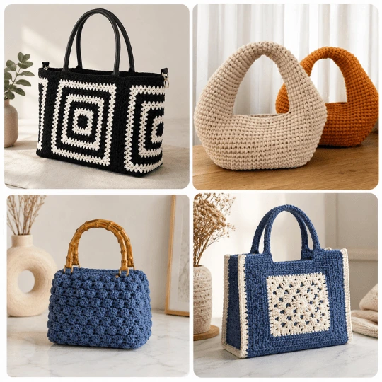 Mosaico de bolsas modernas de crochet