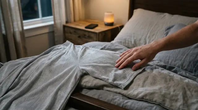 Silver-fiber sleepwear fabric detail on bed with nightstand devices in moonlit bedroom