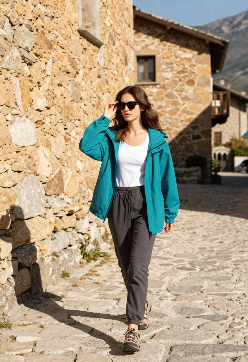 Woman in electric teal windbreaker and trail joggers on a sun-drenched mountain village path