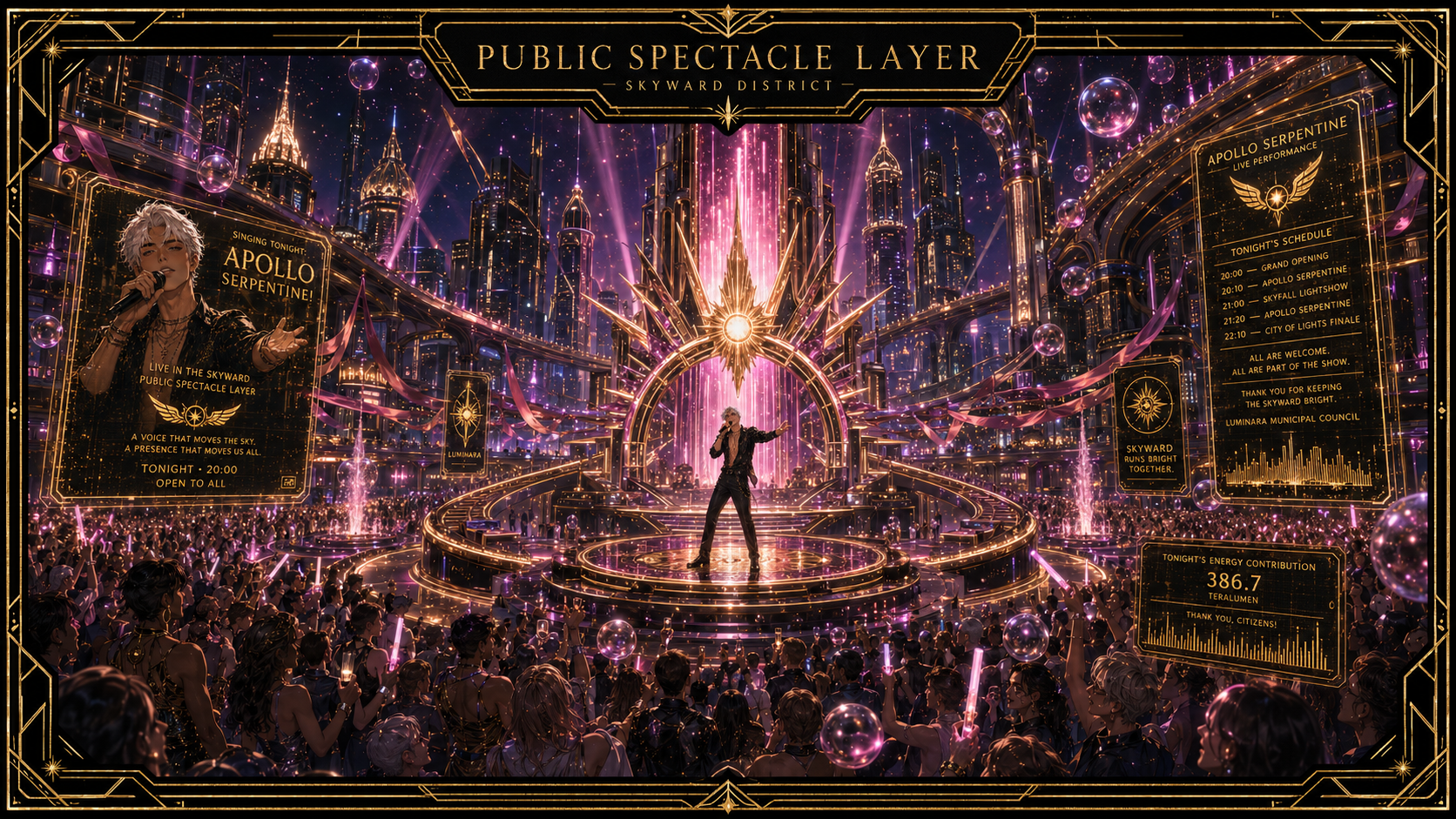 Public Spectacle Layer, a glowing Skyward performance plaza with pink light shows, bubbles, crowds, gold architecture, and Apollo performing on stage