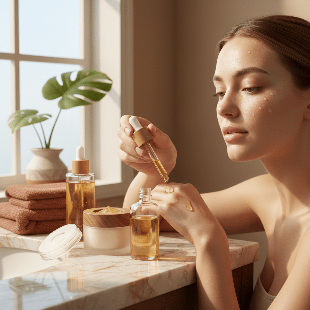 Close-up of glycerin skincare products on a clean vanity