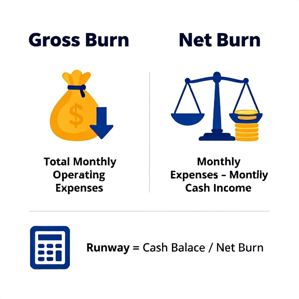 Infographic explaining Gross Burn, Net Burn, and Runway formulas for startups