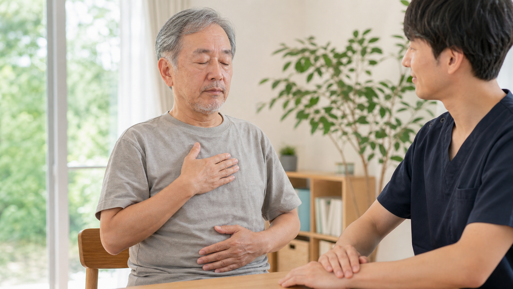 静かな環境で座って呼吸に意識を向けるマインドフルネスのイメージ