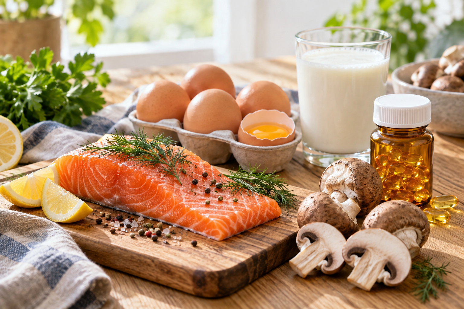 Aliments riches en vitamine D comme le saumon, les œufs, le lait, les champignons et des compléments alimentaires