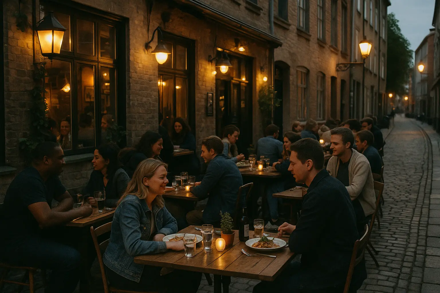 En livlig restaurantgade med folk, der spiser ude om aftenen