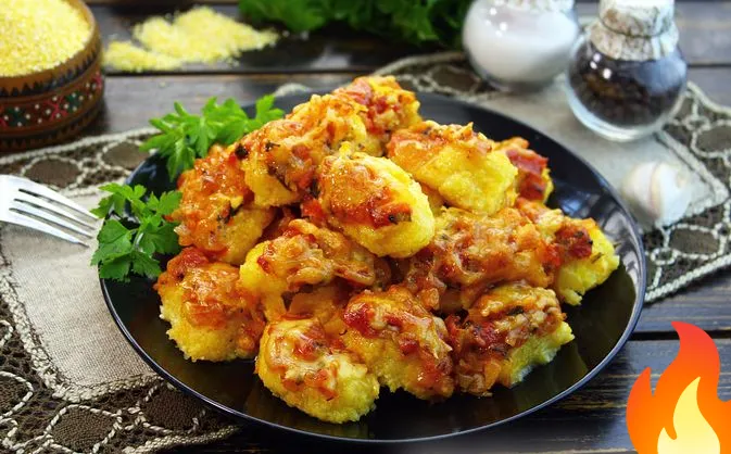 Постер Кукурузные ньокки в томатном соусе (в духовке)