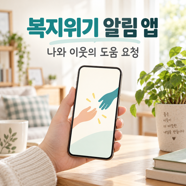복지위기 알림 앱으로 나와 이웃의 도움을 요청하는 설명용 스마트폰 이미지