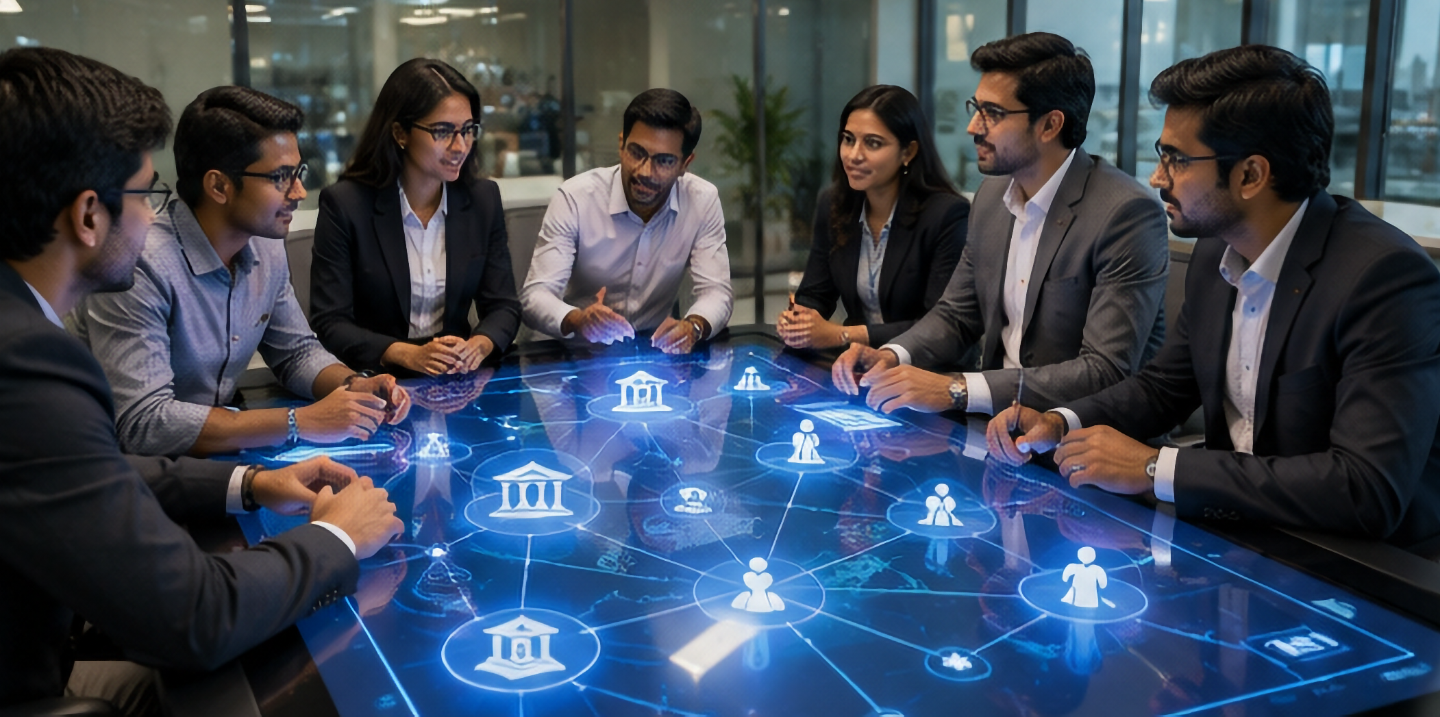 Team meeting around digital table