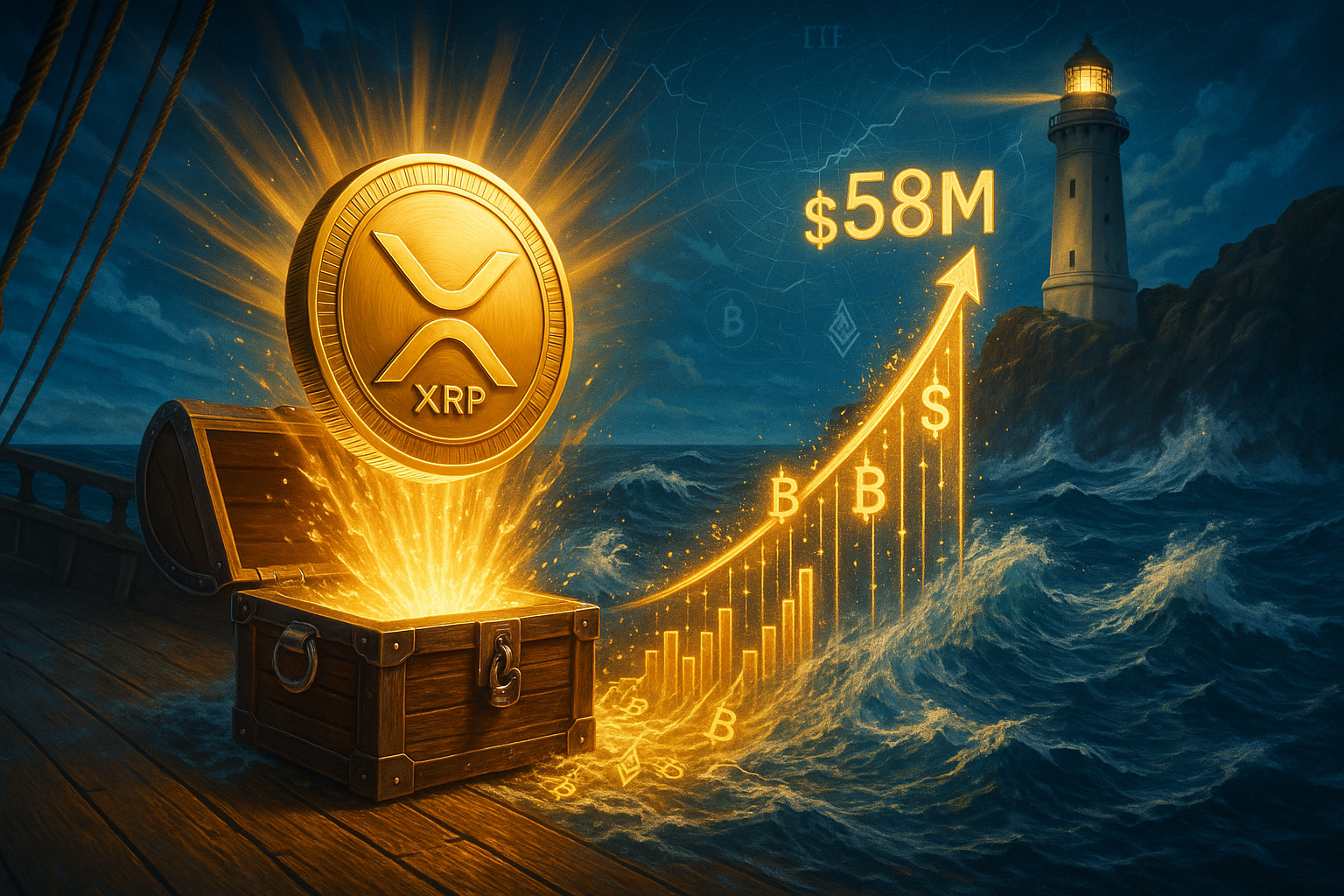 Illustration of the XRP cryptocurrency ETF launch with surging trading volume
