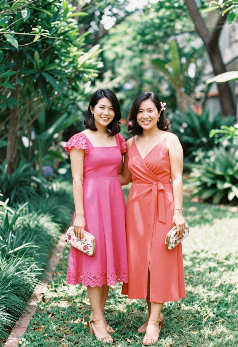Fuchsia and coral midi dresses bringing vibrant energy to a garden wedding celebration