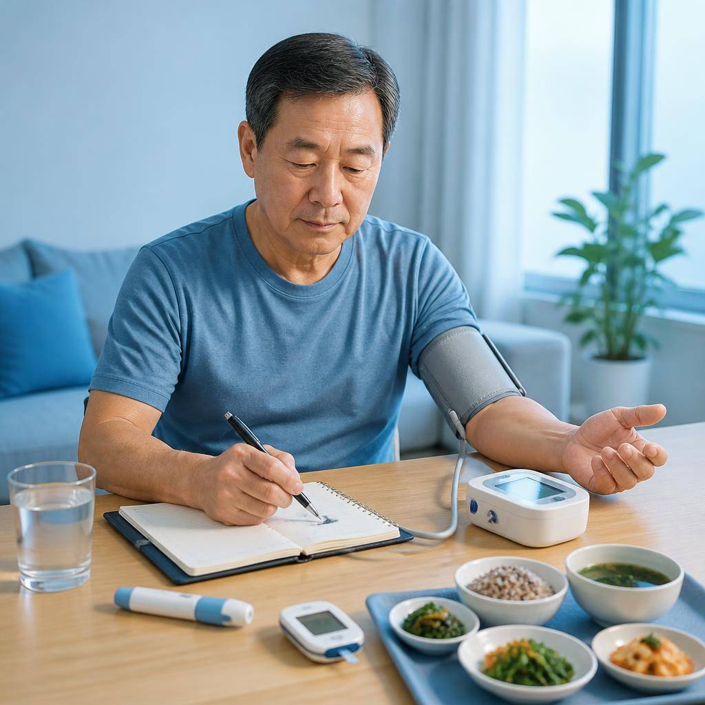 당뇨병과 고혈압 환자가 집에서 자동 혈압계로 혈압을 측정하고 건강수첩에 혈압과 혈당을 기록