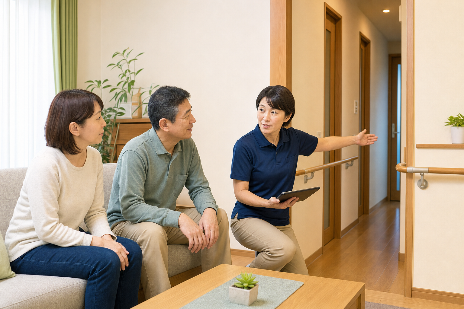 本人と家族が専門職と自宅内の安全な動線を相談する様子