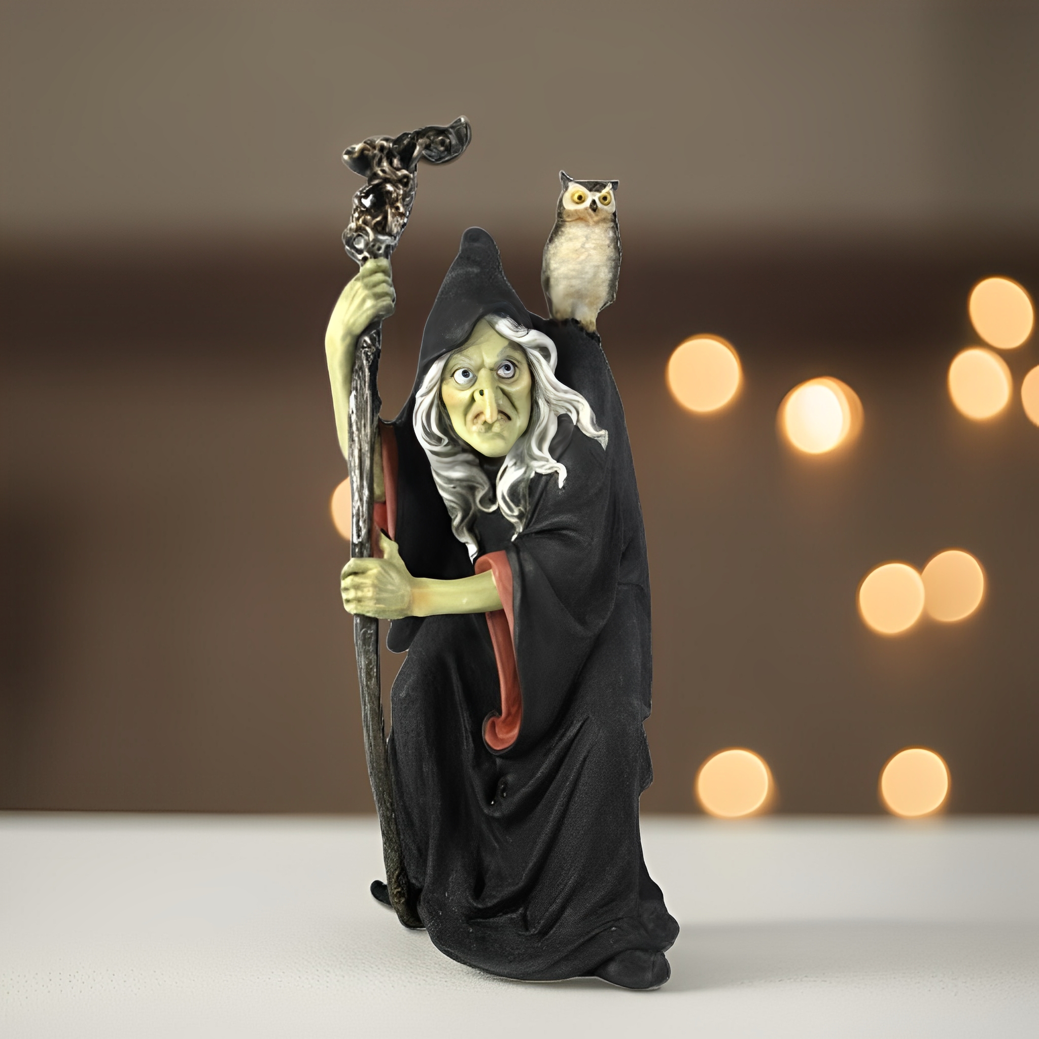 12.5″H Witch with Cane & Owl Figurine Ornament Home Decor Unique Gift