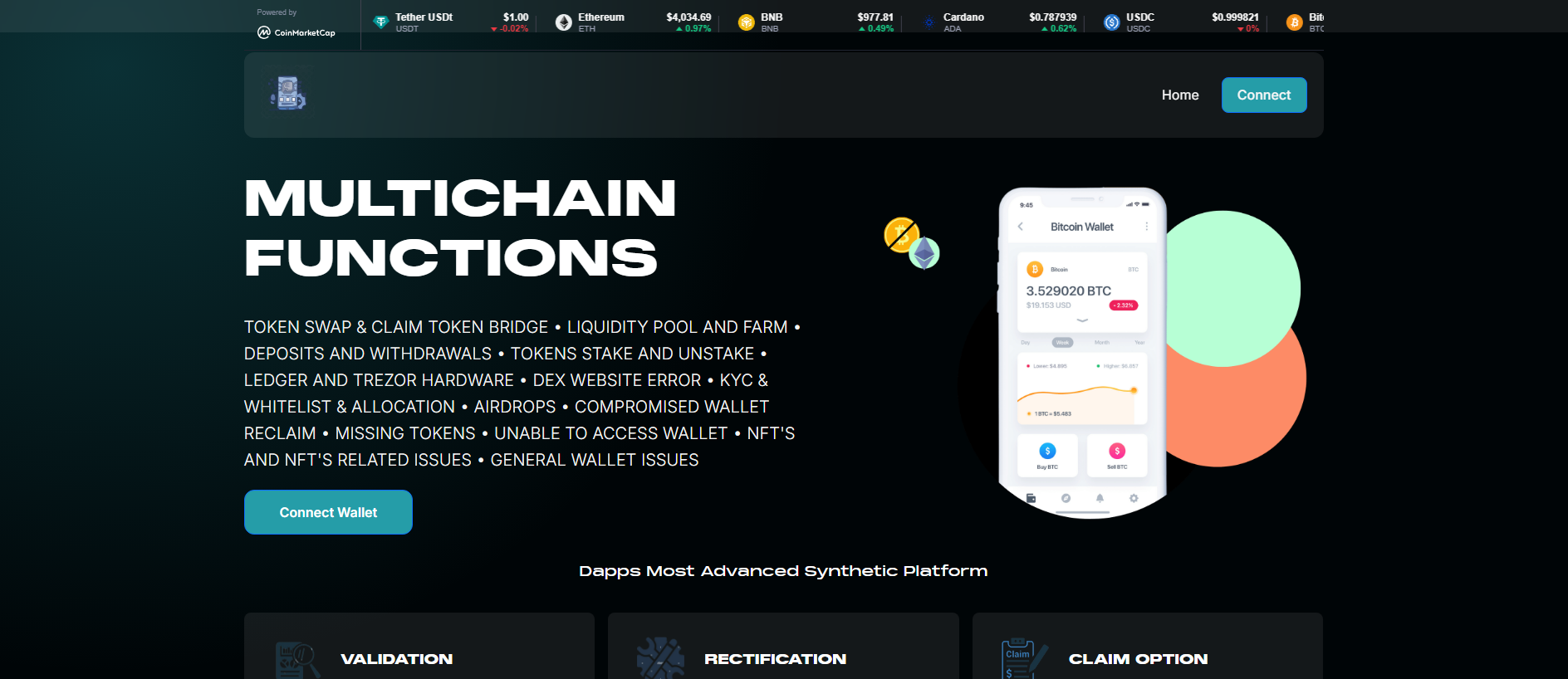 Forensic screenshot of multichain-dapps.pro showing the phishing page layout