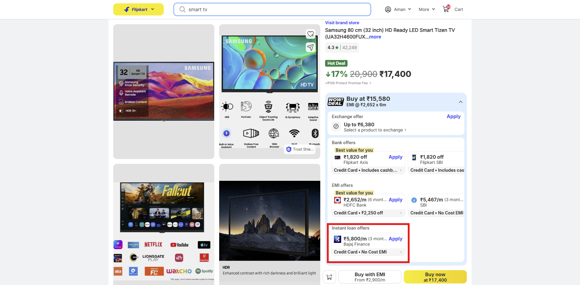 Flipkart Product Page Bajaj Finance Offer