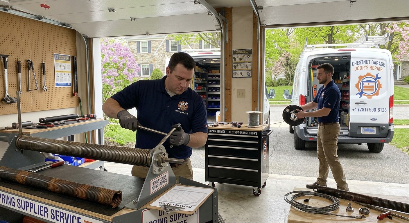 Garage door repair technician at work in Needham MA