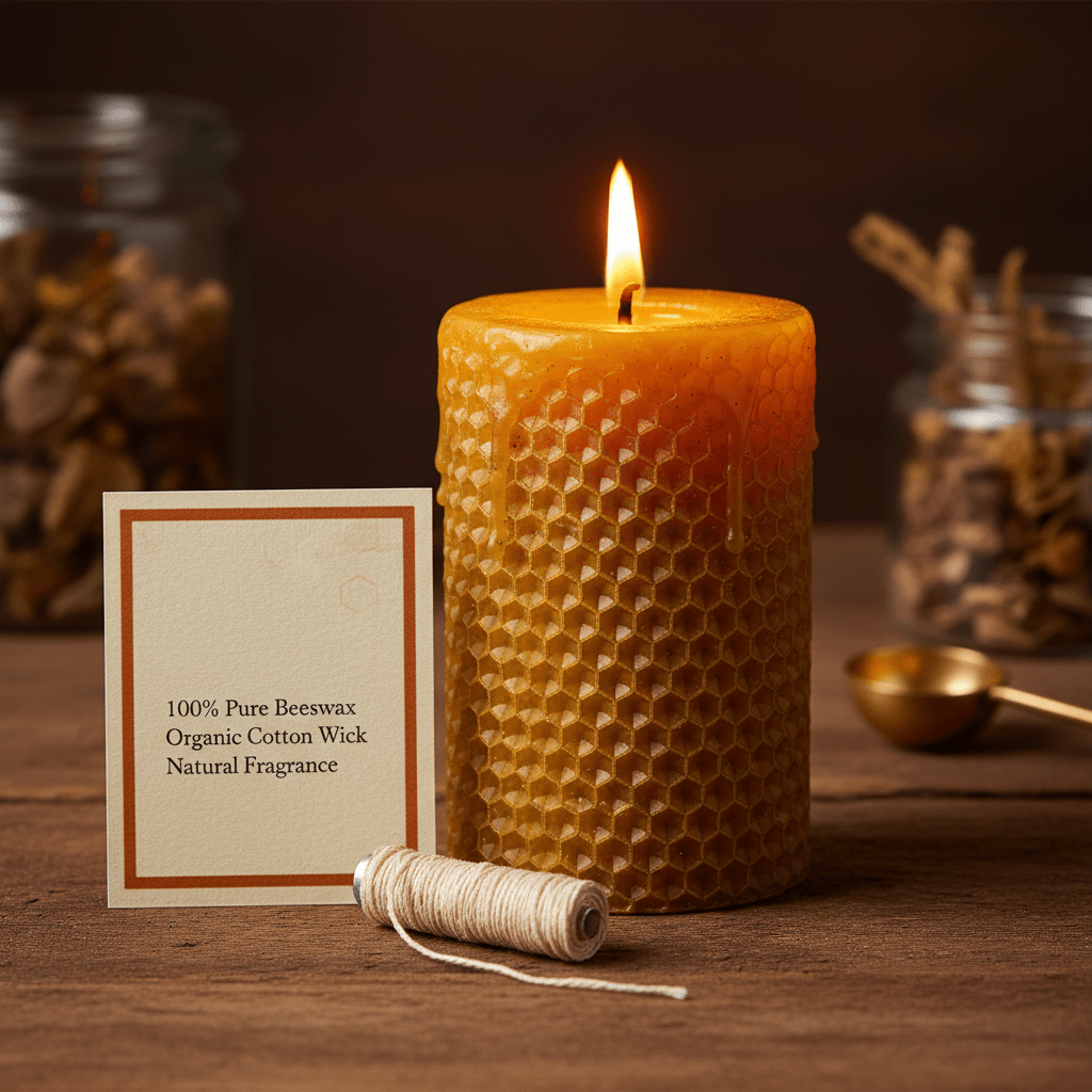 Finished beeswax candle scene for the closing takeaway about switching to a cleaner glow