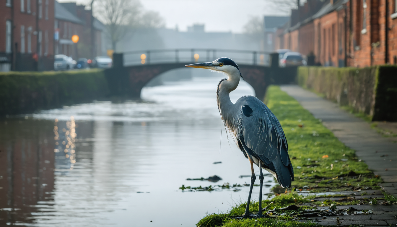 A grey heron standing motionless at the edge of a still canal, early morning, Dublin, with Georgian buildings blurred in the background.