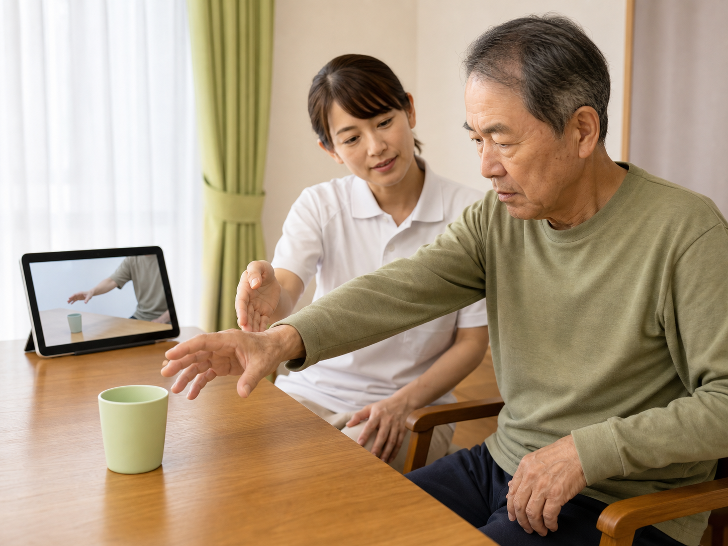 映像を観察した後にコップへ手を伸ばす動作を練習する様子