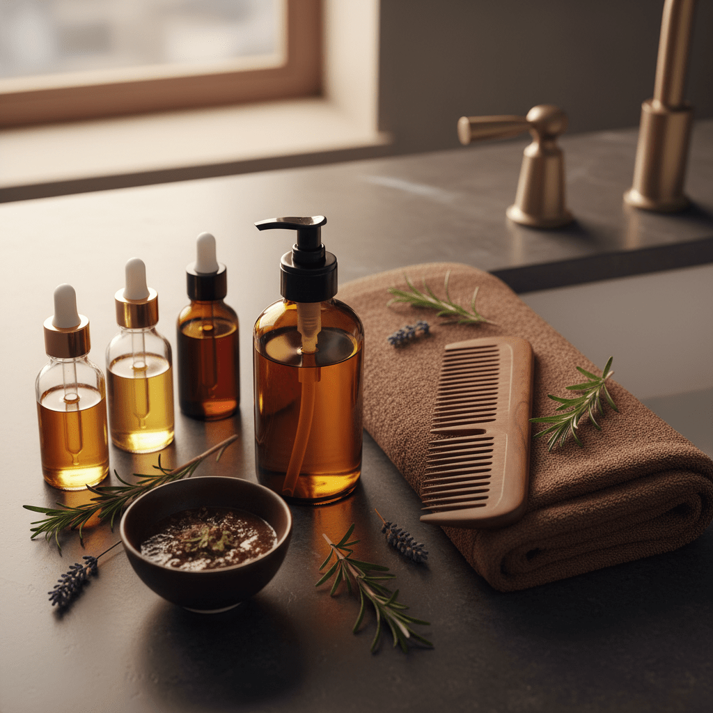 Hair care routine with dark glass oil bottle, comb, and towel on a modern counter