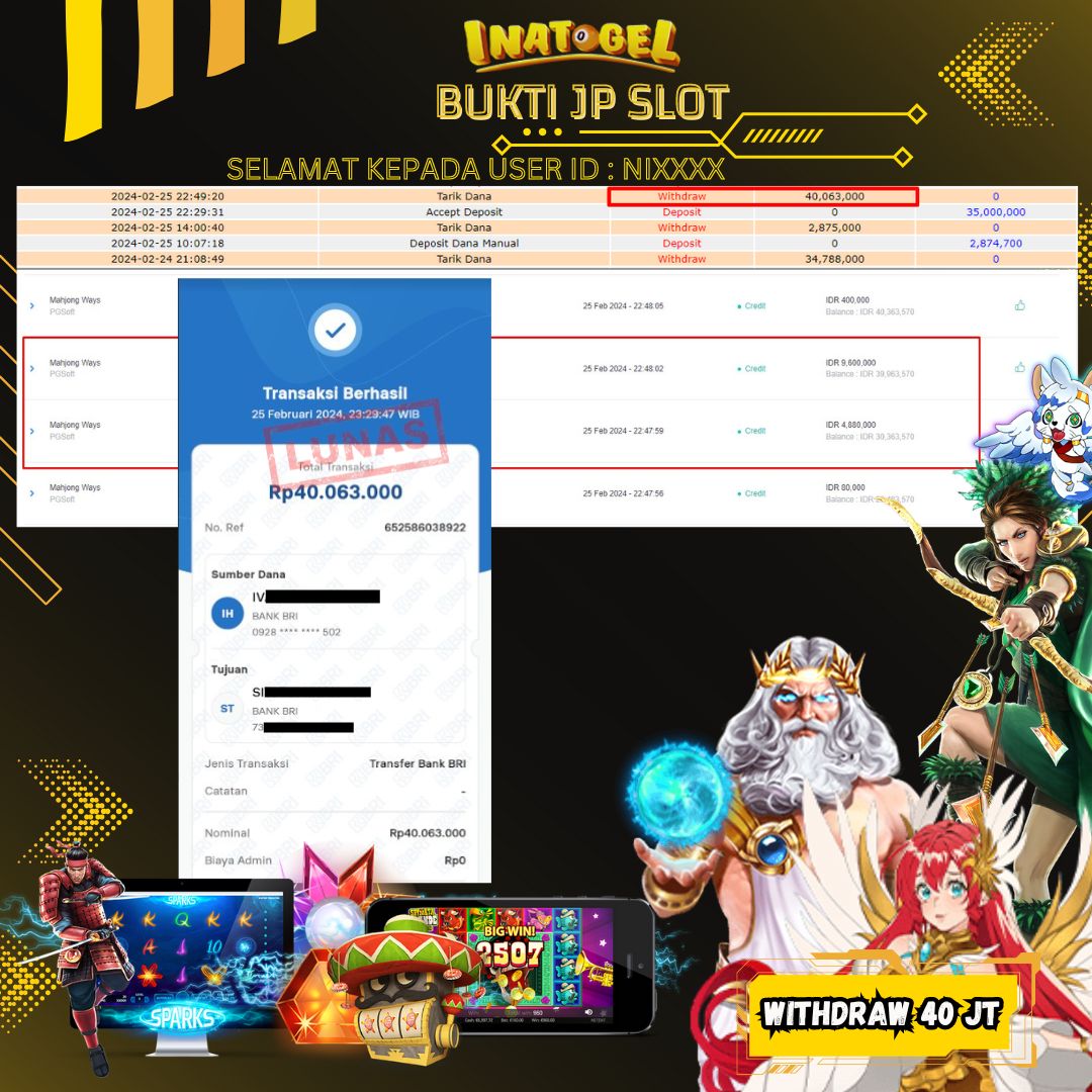 BUKTI PEMBAYARAN JP SLOT MAHJONG WAYS Rp40,000,000,- LUNAS