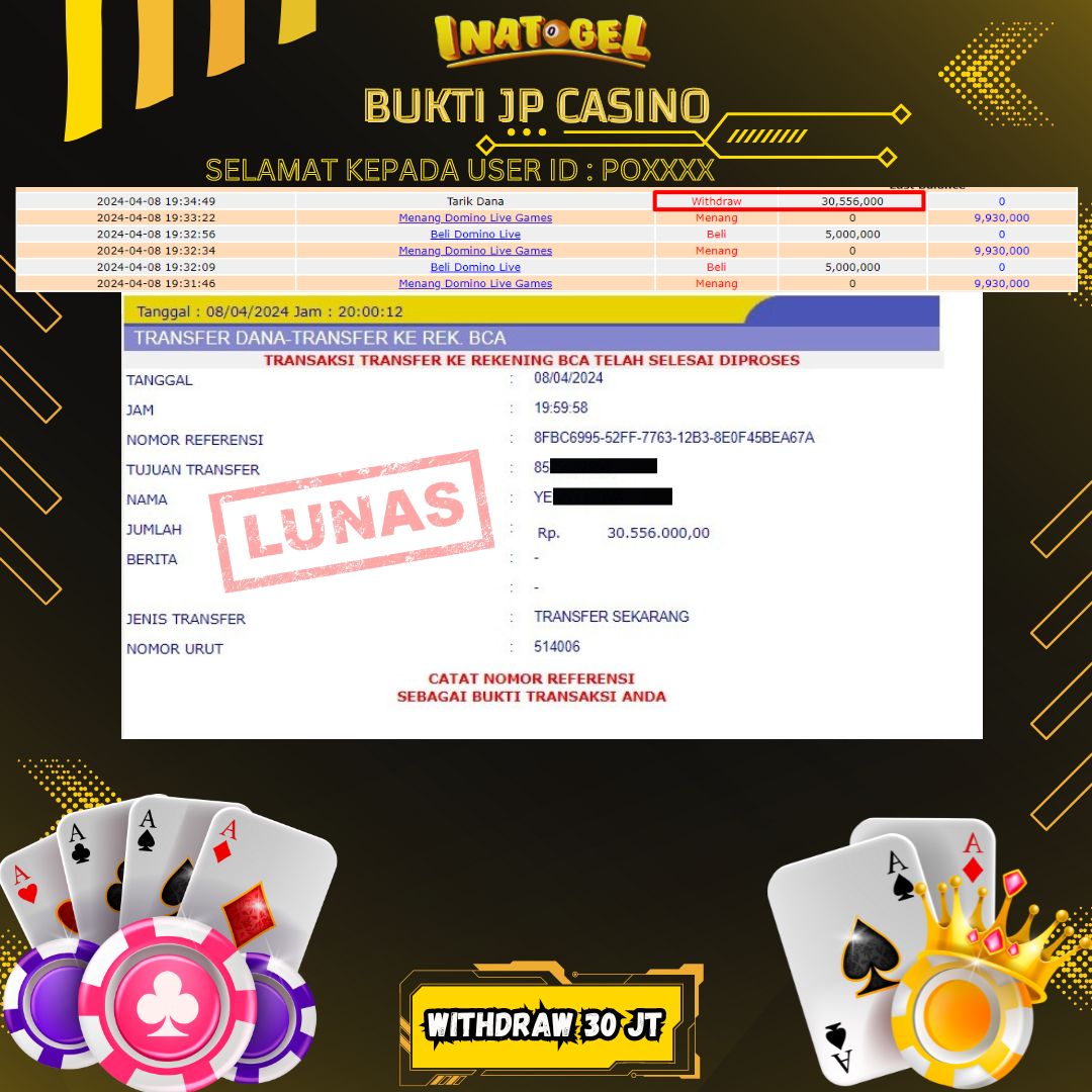BUKTI PEBAYRAN JP DOMINO LIVE GAMES Rp30,000,000,- LUNAS