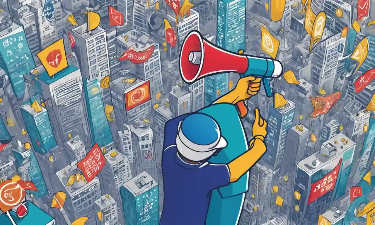 Una persona que sostiene un megáfono en medio de un paisaje urbano, rodeado de símbolos de responsabilidad corporativa y activismo social.