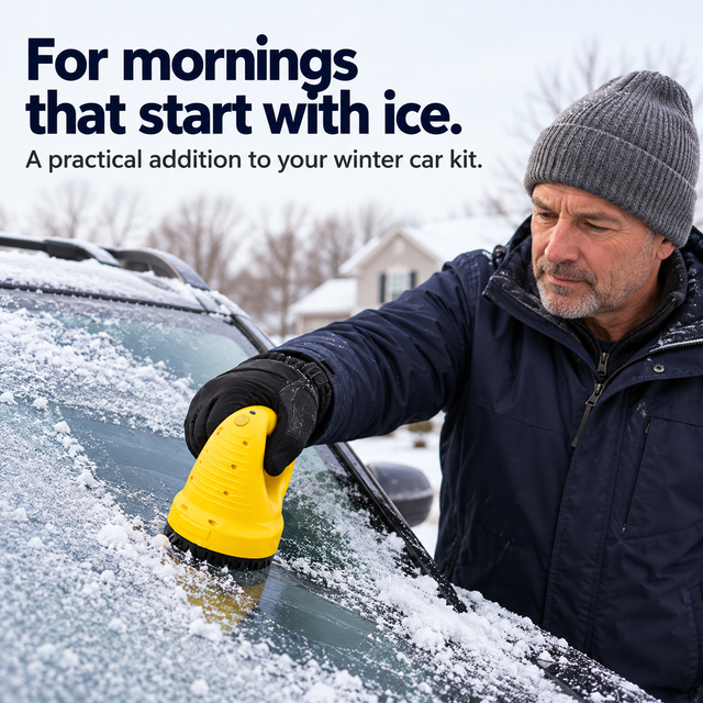 Driver using a yellow electric ice scraper on a frosted windshield