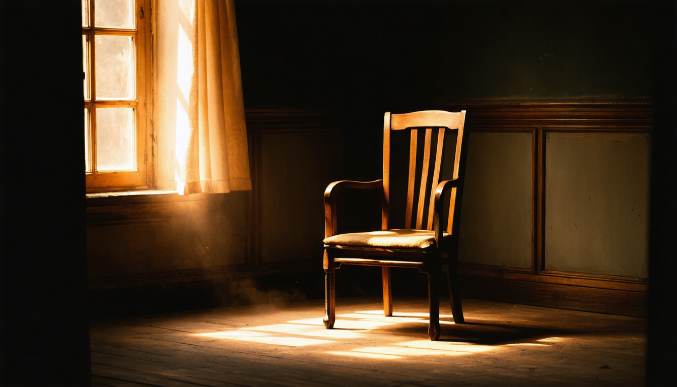 An empty wooden chair in a dim room with warm residual light and dust suspended in the air.