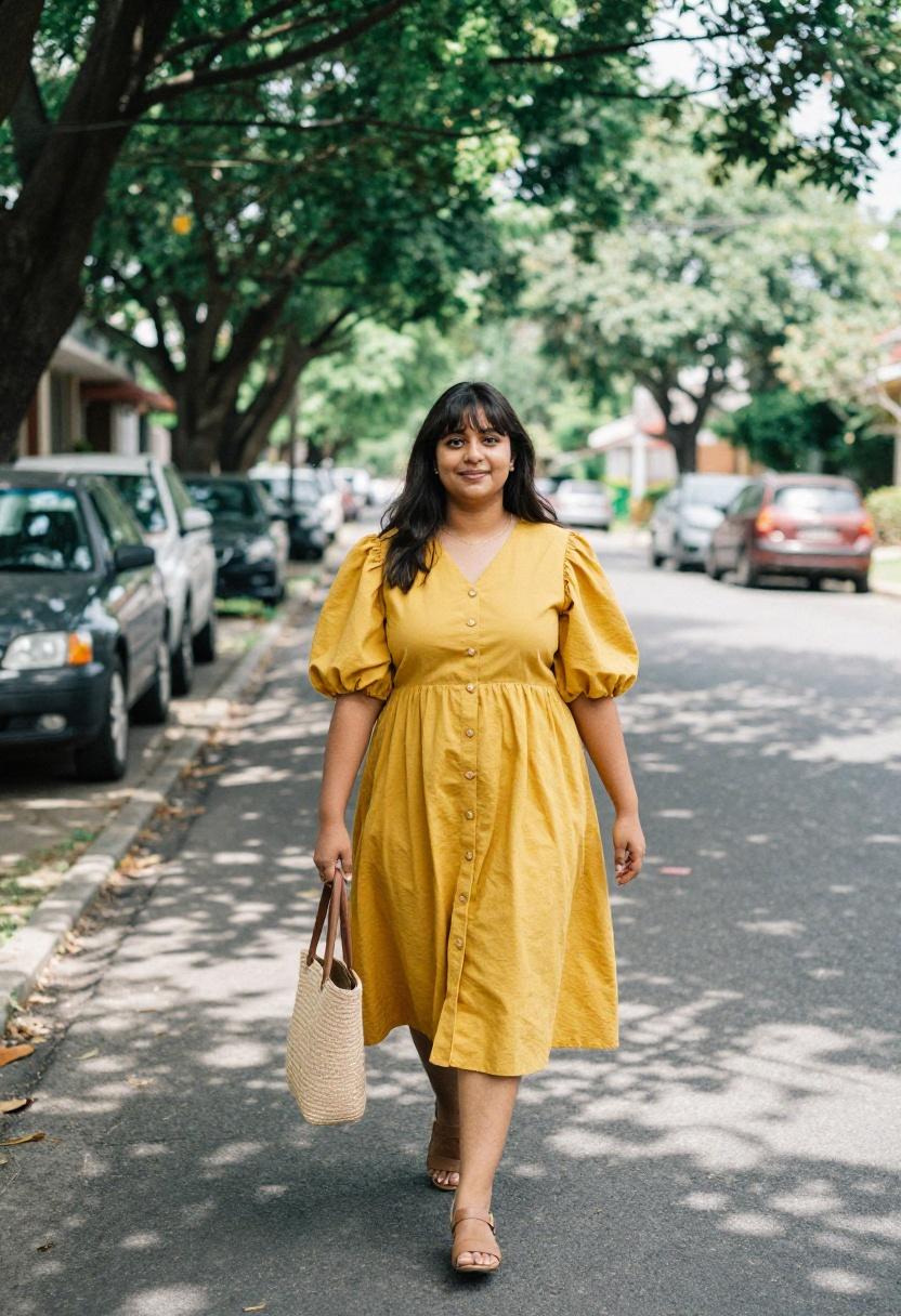 Plus size woman in mustard yellow puff sleeve button-front dress on a suburban street