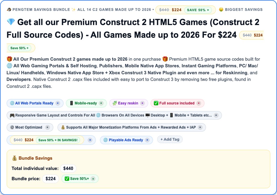 14 Premium C2 HTML5 Games Bundle (Construct 2 Full Source Codes) - All Games Made up to 2026