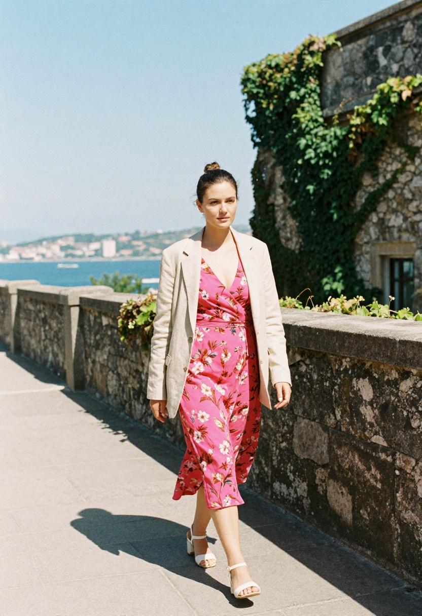 Fuchsia floral midi dress layered under linen blazer for romantic Mother's Day spring energy
