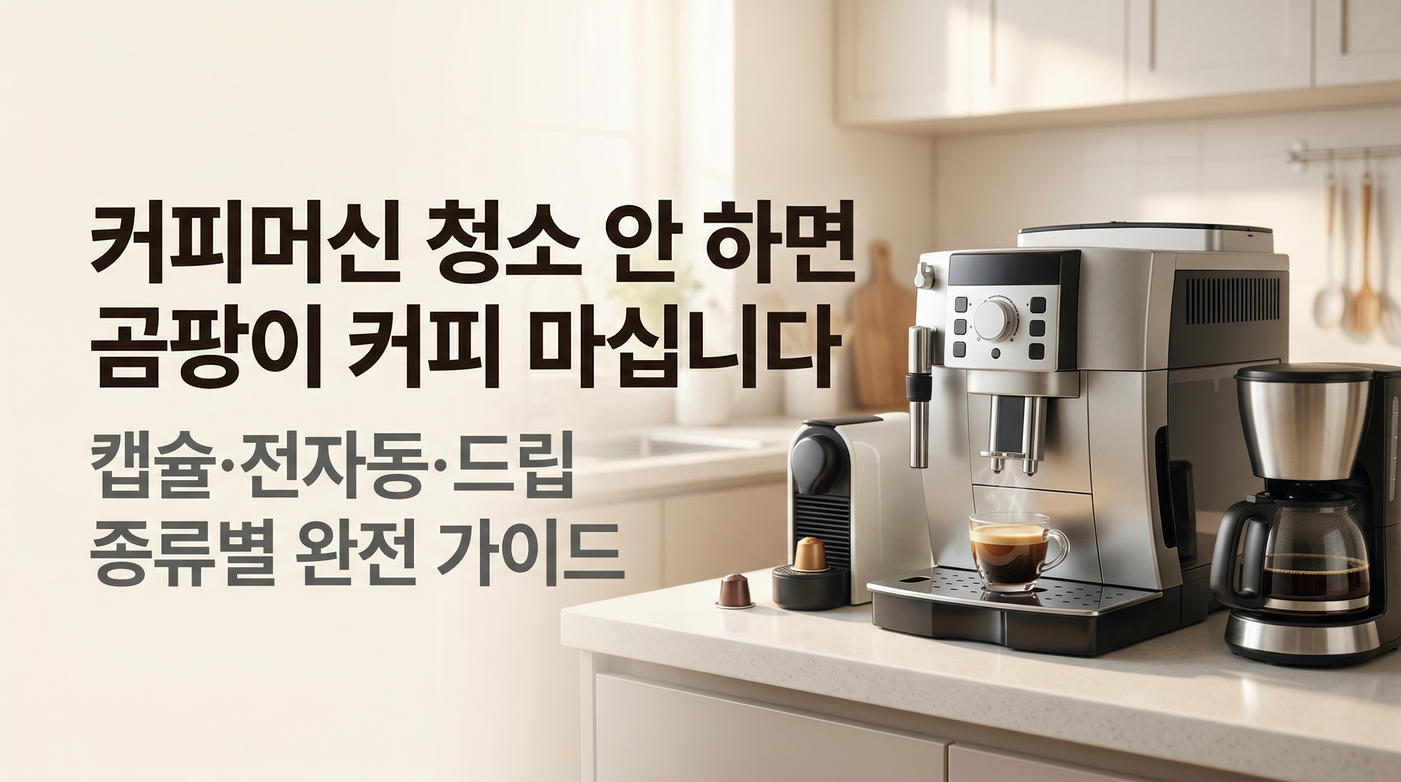 모던 주방 조리대 위 에스프레소 머신에서 커피가 추출되는 장면, 캡슐머신과 드립머신도 함께 보이는 주방 인테리어