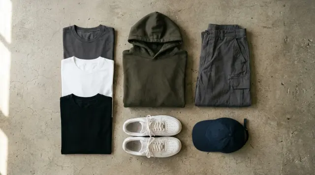 Curated streetwear essentials flatlay on concrete floor with natural light, minimalist editorial mood